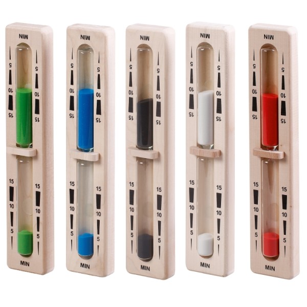 Sanduhr 15min. Mit Holzbügel, diverse Farben