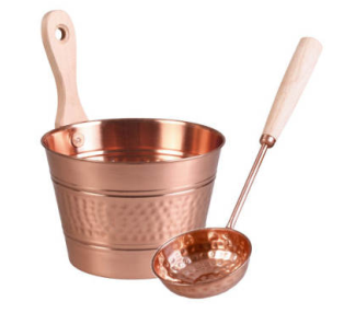 Aufgusseimer ca. 4 l aus Kupfer & Schöpfkelle mit Mulde aus Kupfer Set