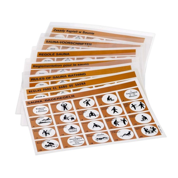 Sauna-Baderegeltafeln mit diversen Sprachbeschriftungen DIN A4